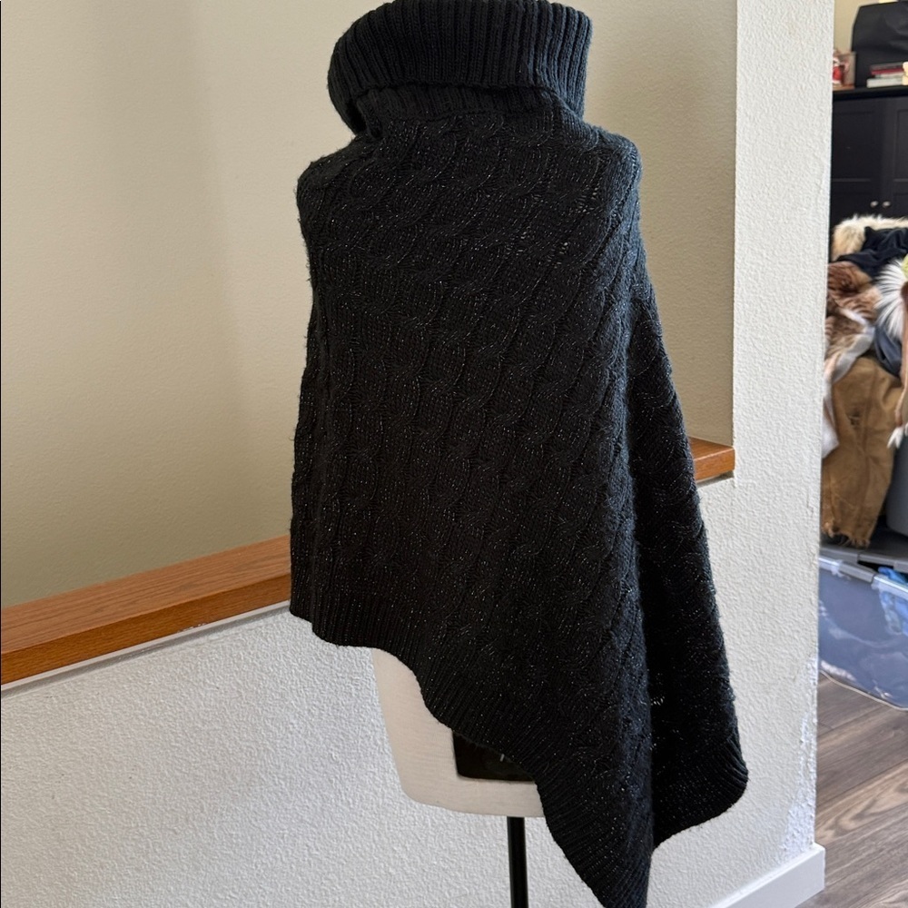 Steve Madden Black sparkle asymmetrical cable knit turtleneck, poncho one size
